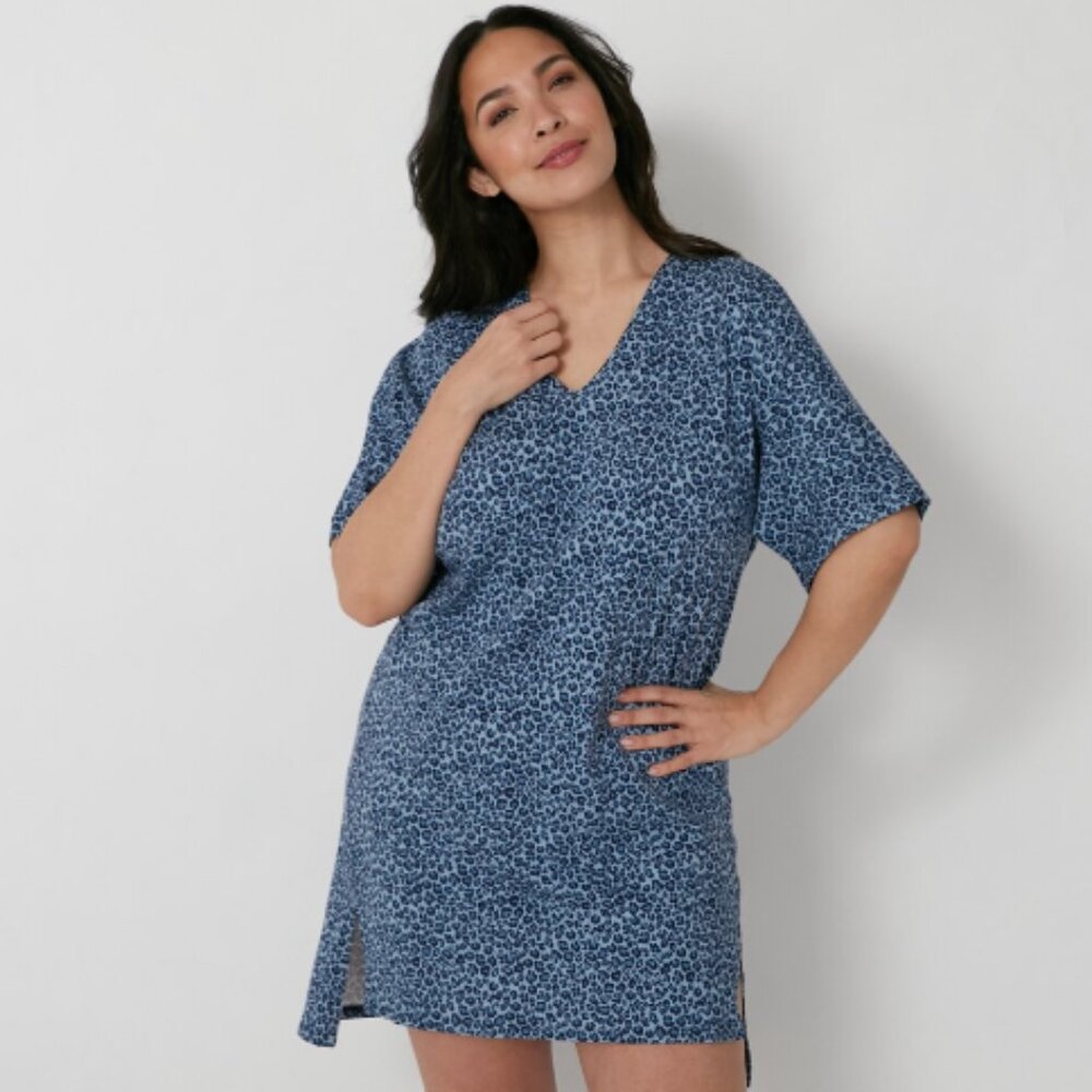 N Natori Blue Leopard Print Cotton Jersey Caftan Sleepwear Lounge Size Large NWT